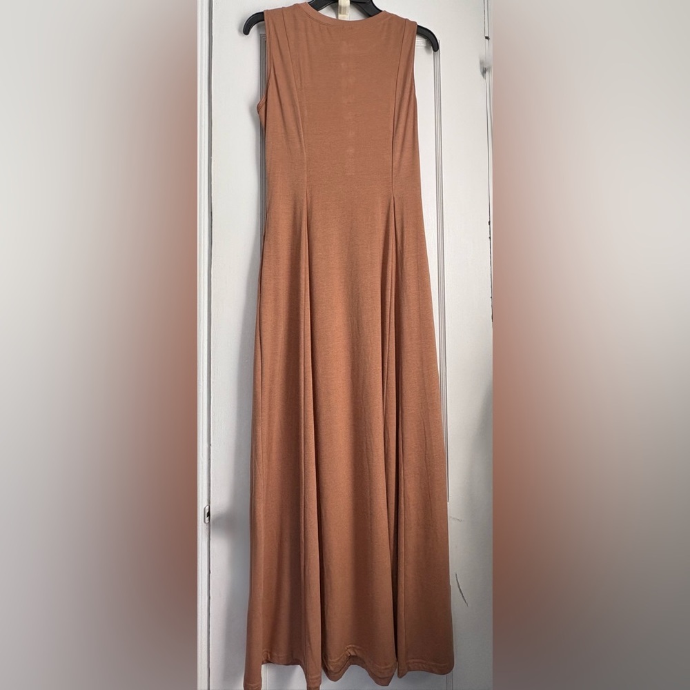 Terracotta Tan Sleeveless Button Front Pockets Maxi Dress, Sz: Small - Picture 3 of 10